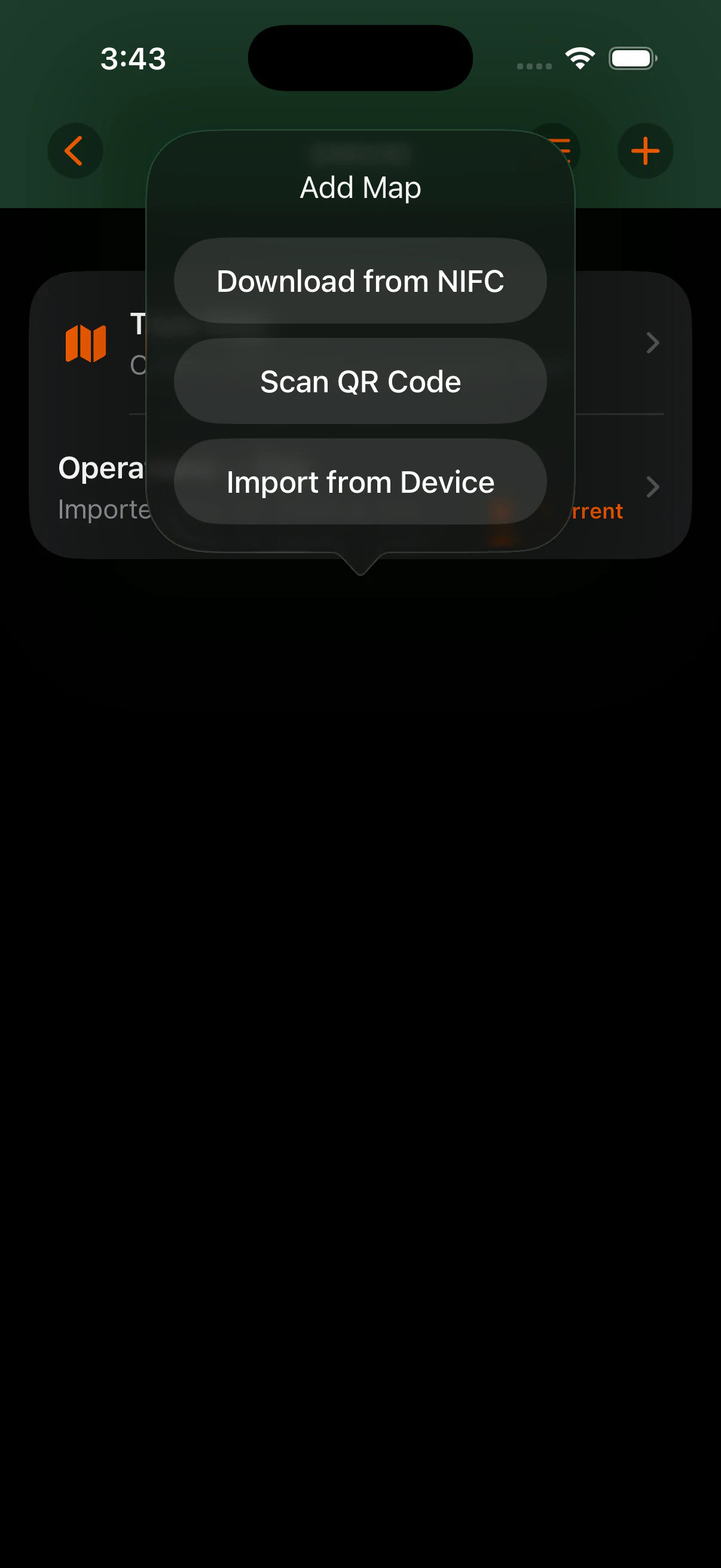 Add Map menu showing Download from NIFC, Scan QR Code, and Import from Device