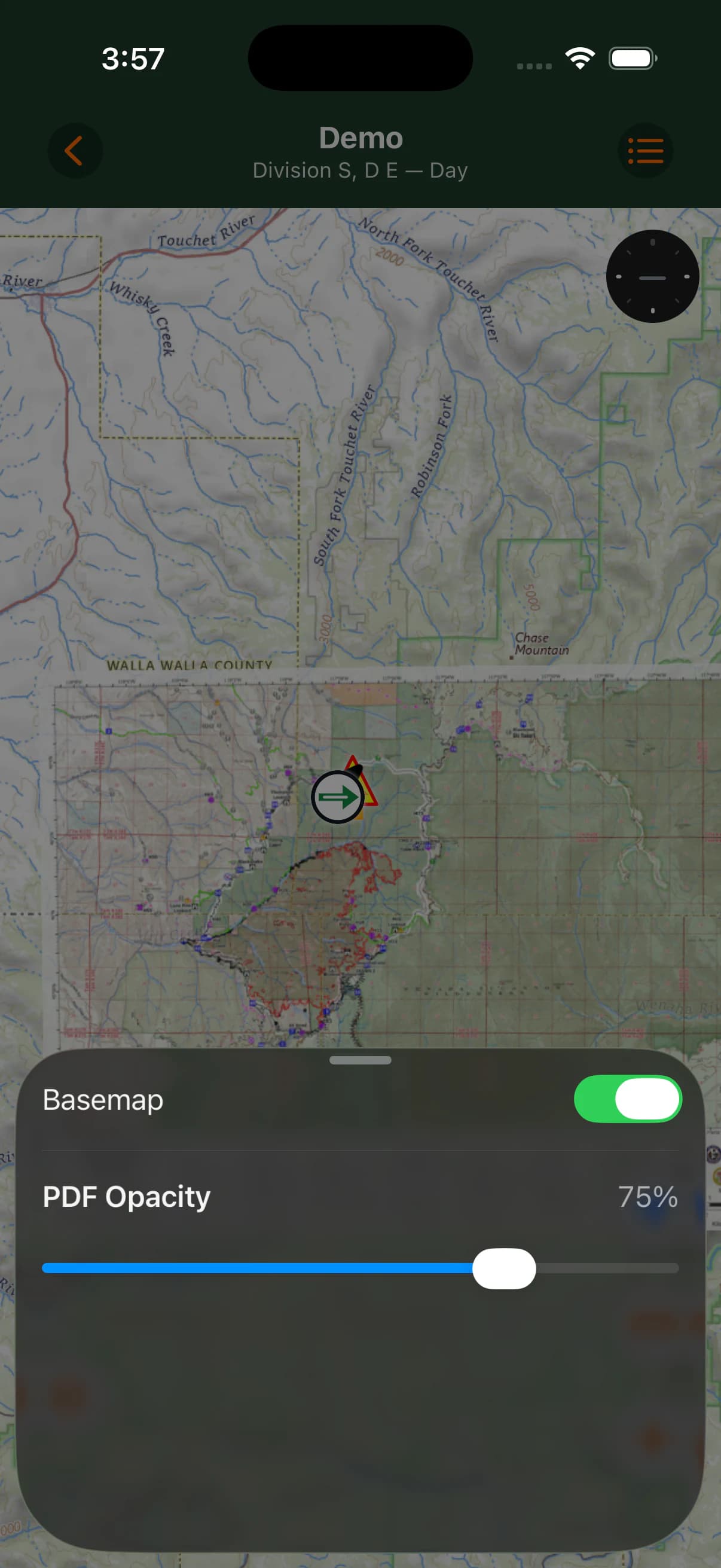 GeoPDF overlay controls showing the Basemap toggle enabled and PDF Opacity set to 75 percent