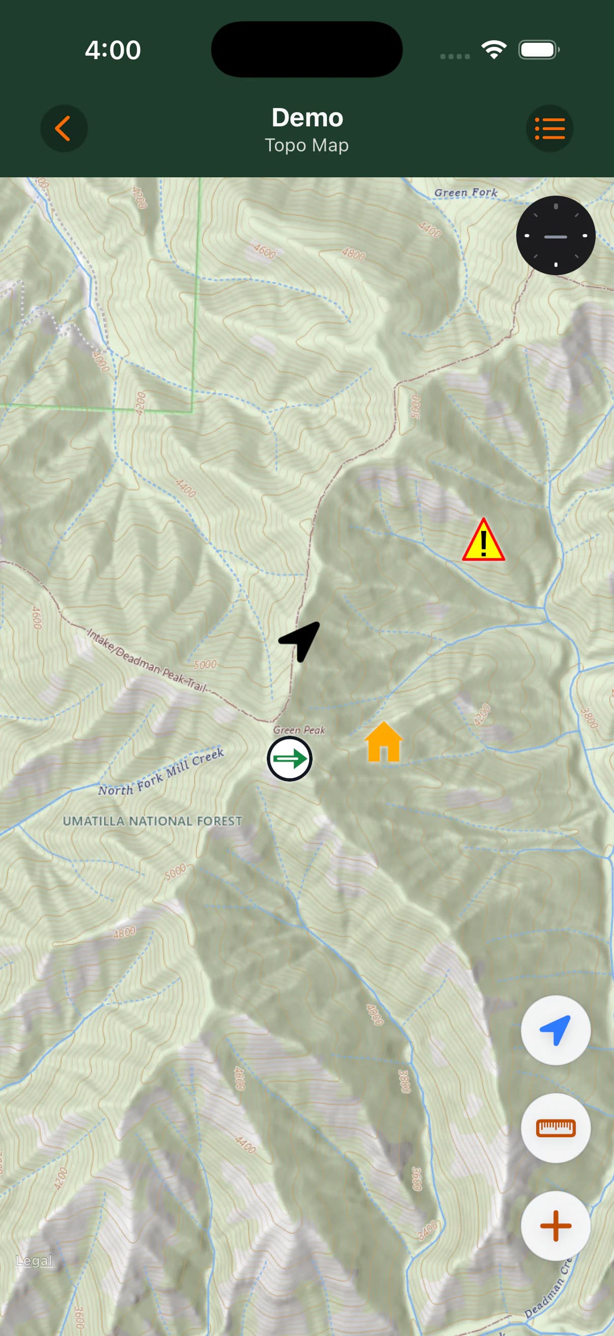 MCG Maps Topo Map showing the current device location, Incident Markers, device-heading compass, My Location, Measure Distance, and Add Marker controls