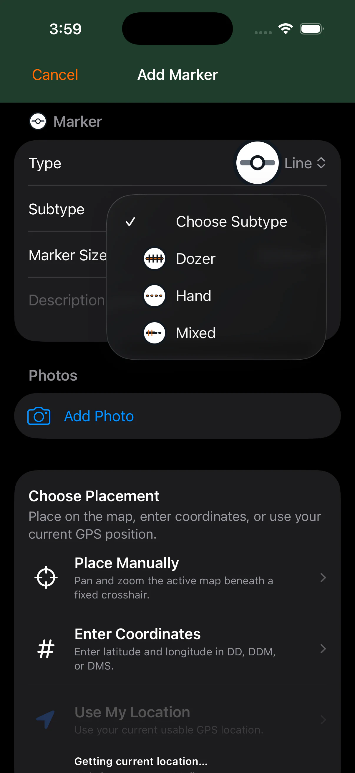 Add Marker subtype menu for a Line Marker showing Dozer, Hand, and Mixed