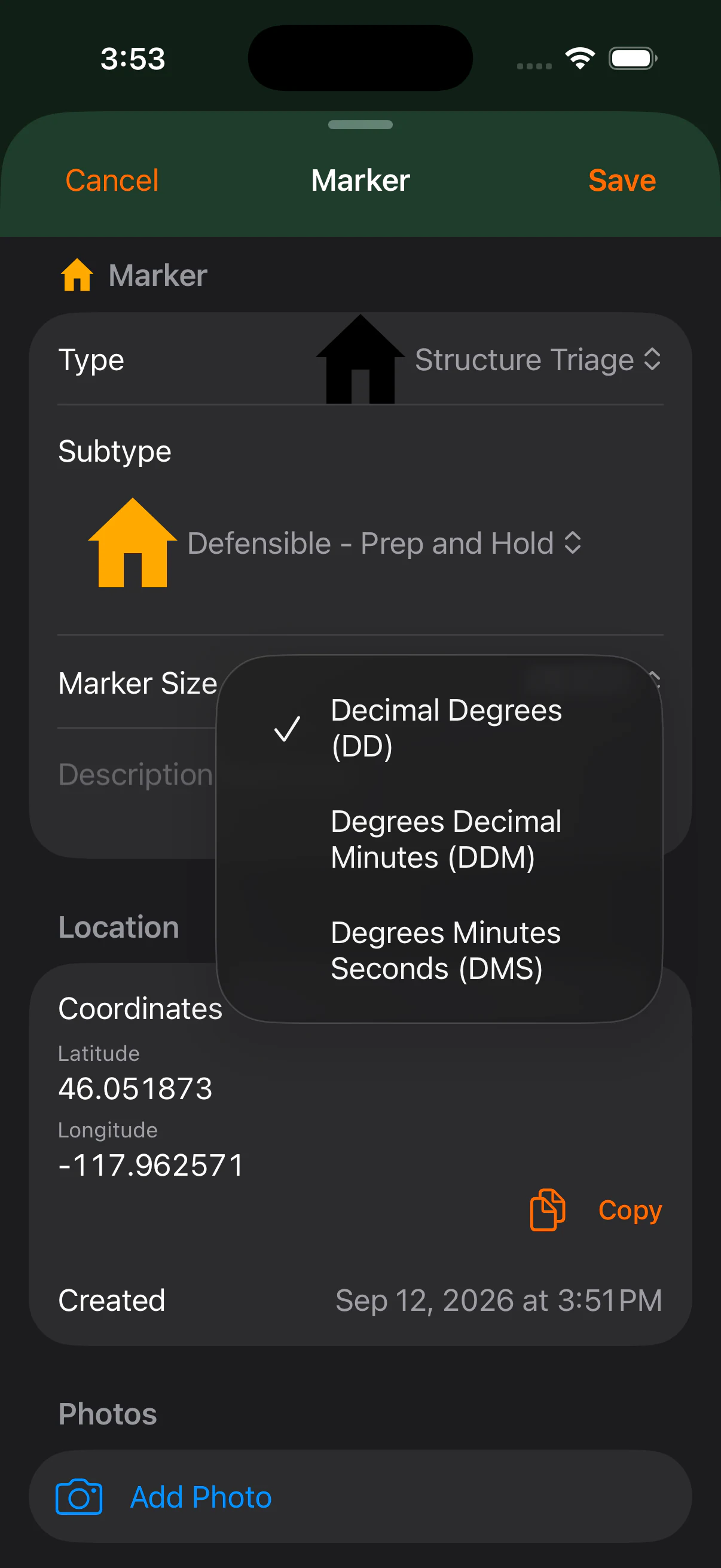 Marker detail coordinate menu offering Decimal Degrees, Degrees Decimal Minutes, and Degrees Minutes Seconds with the current coordinate and Copy action visible