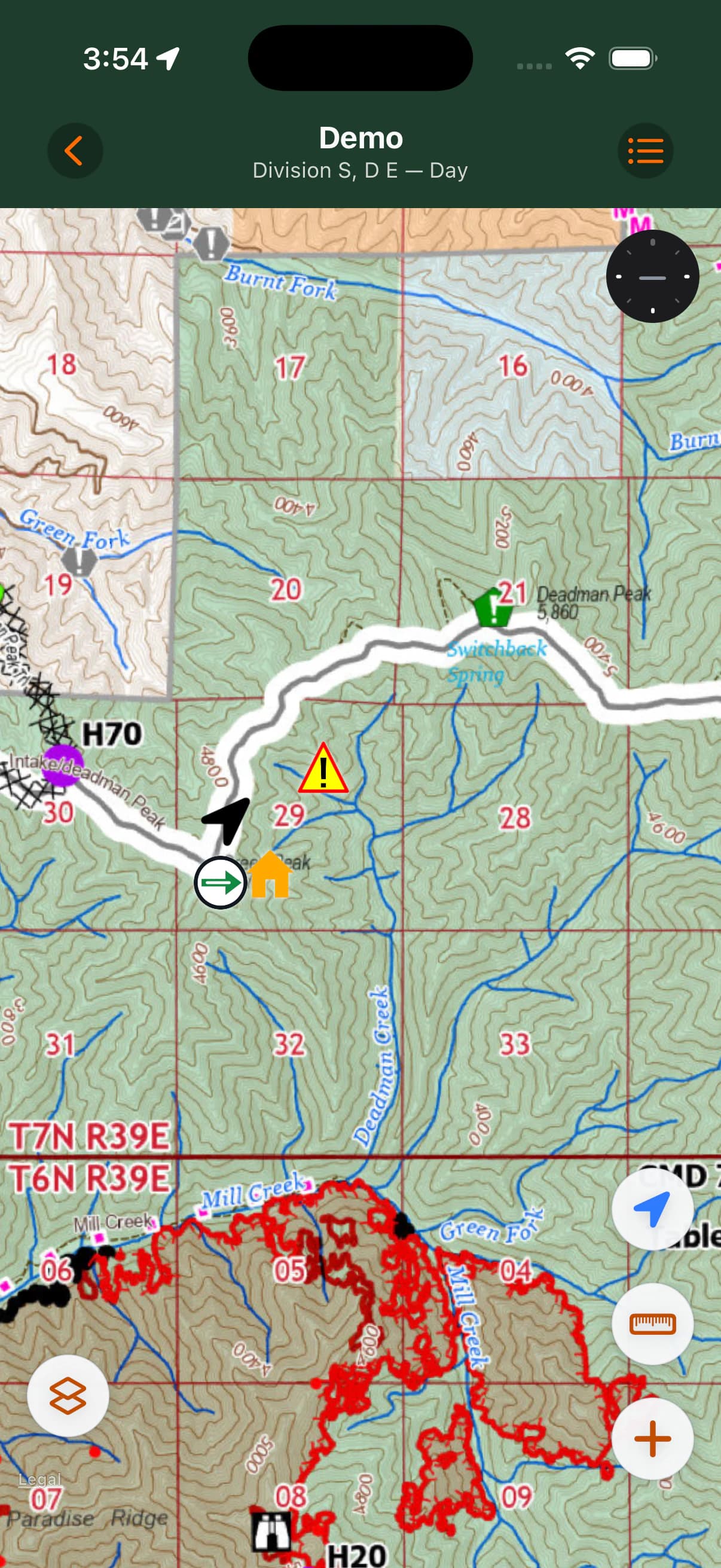 MCG Maps showing an imported incident GeoPDF with the current device location, Incident Markers, and map controls
